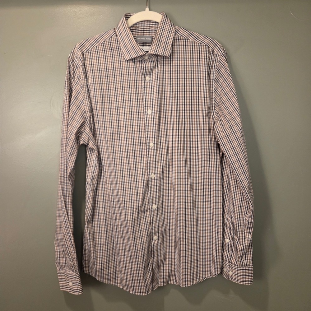Michael Kors Slim Fit Travel Stretch Gingham Long Sleeve Button Up Shirt, Size L